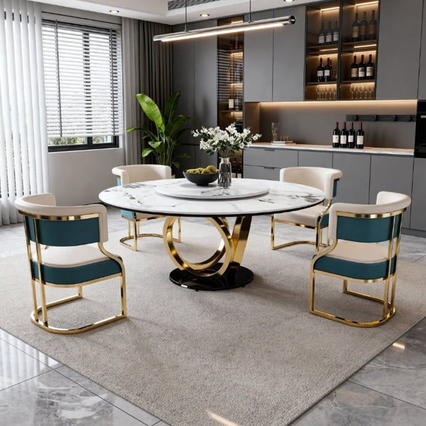 English Elm 59 Inch Round Sintered Stone Dining Set with Lazy Susan and Gold Iron Cushion Chairs W2699S00147