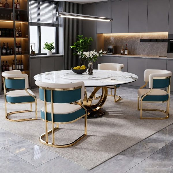 English Elm 59 Inch Round Sintered Stone Dining Set with Lazy Susan and Gold Iron Cushion Chairs W2699S00147