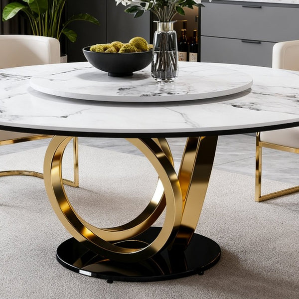 English Elm 59 Inch Round Sintered Stone Dining Set with Lazy Susan and Gold Iron Cushion Chairs W2699S00147
