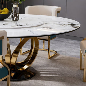 English Elm 59 Inch Round Sintered Stone Dining Set with Lazy Susan and Gold Iron Cushion Chairs W2699S00147