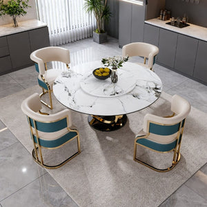 English Elm 59 Inch Round Sintered Stone Dining Set with Lazy Susan and Gold Iron Cushion Chairs W2699S00147