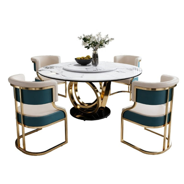 English Elm 59 Inch Round Sintered Stone Dining Set with Lazy Susan and Gold Iron Cushion Chairs W2699S00147