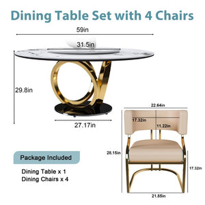 English Elm 59 Inch Round Sintered Stone Dining Set with Lazy Susan and Gold Iron Cushion Chairs W2699S00147