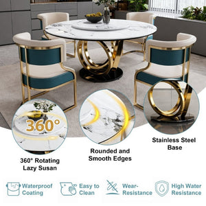 English Elm 59 Inch Round Sintered Stone Dining Set with Lazy Susan and Gold Iron Cushion Chairs W2699S00147