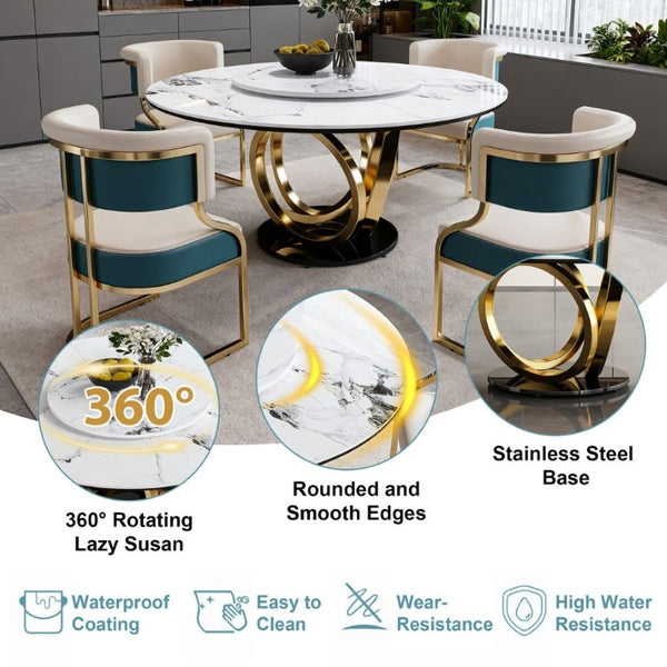 English Elm 59 Inch Round Sintered Stone Dining Set with Lazy Susan and Gold Iron Cushion Chairs W2699S00147