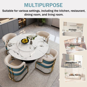 English Elm 59 Inch Round Sintered Stone Dining Set with Lazy Susan and Gold Iron Cushion Chairs W2699S00147