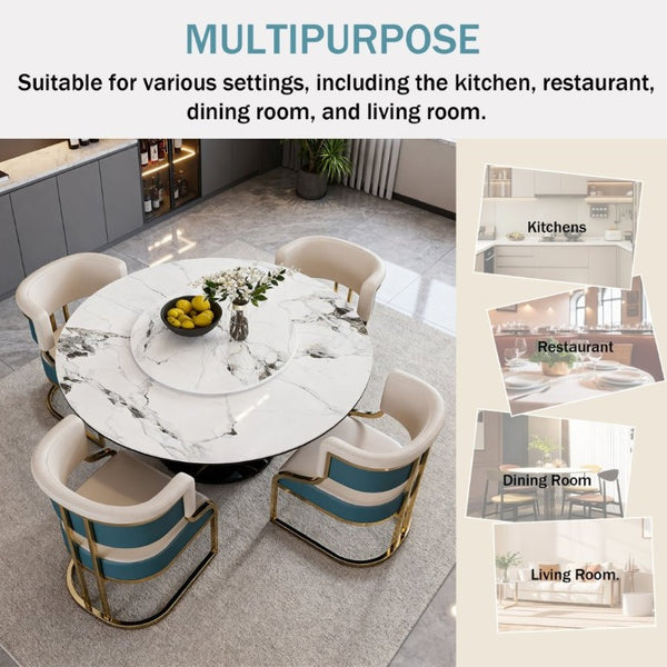 English Elm 59 Inch Round Sintered Stone Dining Set with Lazy Susan and Gold Iron Cushion Chairs W2699S00147