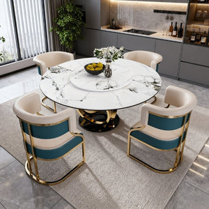 English Elm 59 Inch Round Sintered Stone Dining Set with Lazy Susan and Gold Iron Cushion Chairs W2699S00147