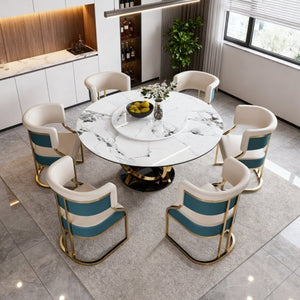 English Elm 59 Inch Round Marble Sintered Stone Dining Set Seats Six with Built-In Lazy Susan W2699S00148