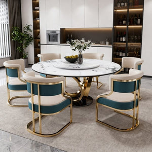 English Elm 59 Inch Round Marble Sintered Stone Dining Set Seats Six with Built-In Lazy Susan W2699S00148