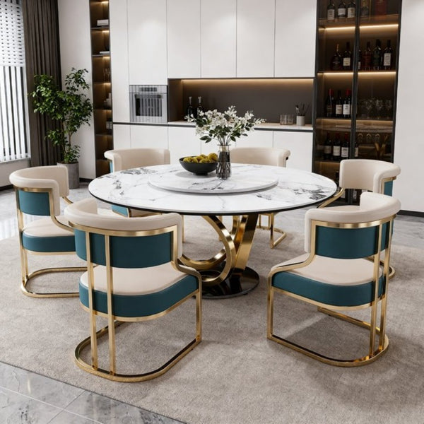 English Elm 59 Inch Round Marble Sintered Stone Dining Set Seats Six with Built-In Lazy Susan W2699S00148