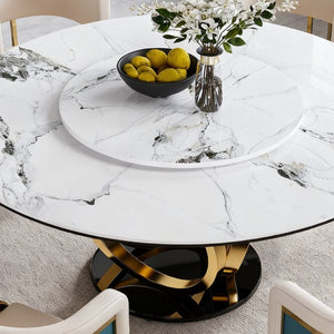 English Elm 59 Inch Round Marble Sintered Stone Dining Set Seats Six with Built-In Lazy Susan W2699S00148