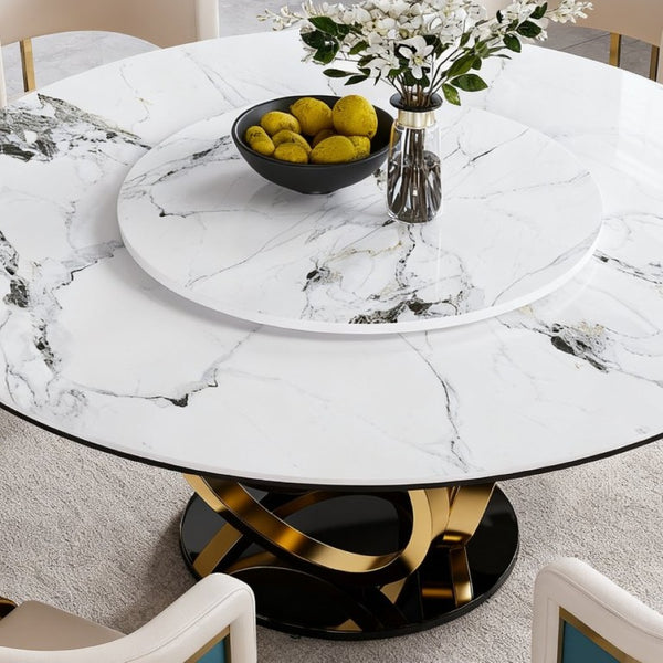 English Elm 59 Inch Round Marble Sintered Stone Dining Set Seats Six with Built-In Lazy Susan W2699S00148