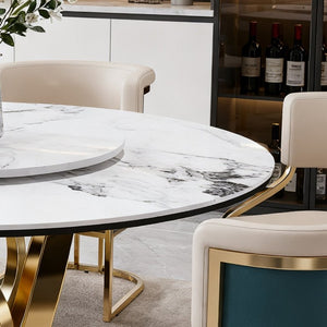 English Elm 59 Inch Round Marble Sintered Stone Dining Set Seats Six with Built-In Lazy Susan W2699S00148