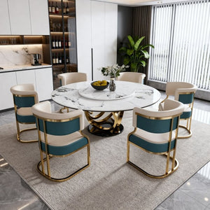 English Elm 59 Inch Round Marble Sintered Stone Dining Set Seats Six with Built-In Lazy Susan W2699S00148
