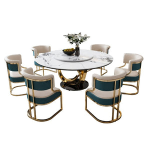 English Elm 59 Inch Round Marble Sintered Stone Dining Set Seats Six with Built-In Lazy Susan W2699S00148