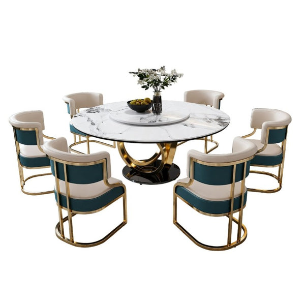 English Elm 59 Inch Round Marble Sintered Stone Dining Set Seats Six with Built-In Lazy Susan W2699S00148