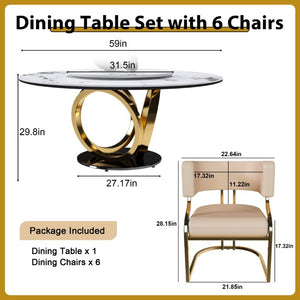 English Elm 59 Inch Round Marble Sintered Stone Dining Set Seats Six with Built-In Lazy Susan W2699S00148