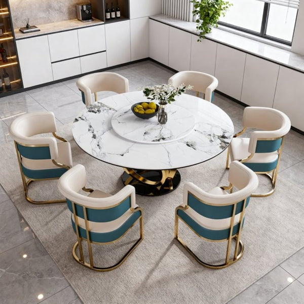 English Elm 59 Inch Round Marble Sintered Stone Dining Set Seats Six with Built-In Lazy Susan W2699S00148