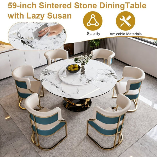 English Elm 59 Inch Round Marble Sintered Stone Dining Set Seats Six with Built-In Lazy Susan W2699S00148