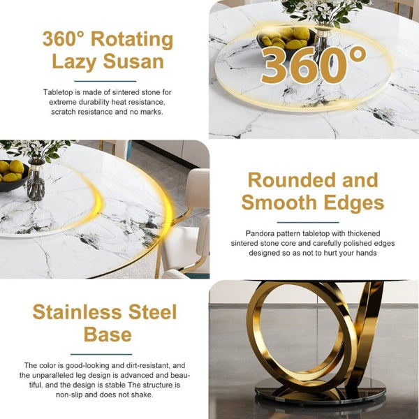 English Elm 59 Inch Round Marble Sintered Stone Dining Set Seats Six with Built-In Lazy Susan W2699S00148