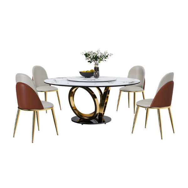 English Elm 59 Inch Round Sintered Stone Dining Table with Rotating Lazy Susan for Bistro 59 inches 4 Chairs - A W2699S00150