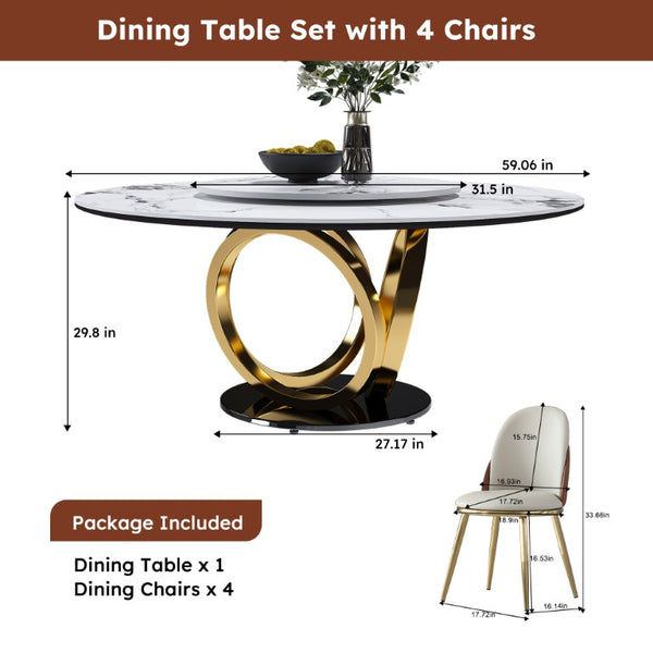 English Elm 59 Inch Round Sintered Stone Dining Table with Rotating Lazy Susan for Bistro 59 inches 4 Chairs - A W2699S00150