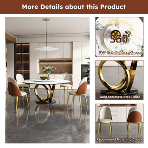 English Elm 59 Inch Round Sintered Stone Dining Table with Rotating Lazy Susan for Bistro 59 inches 4 Chairs - A W2699S00150