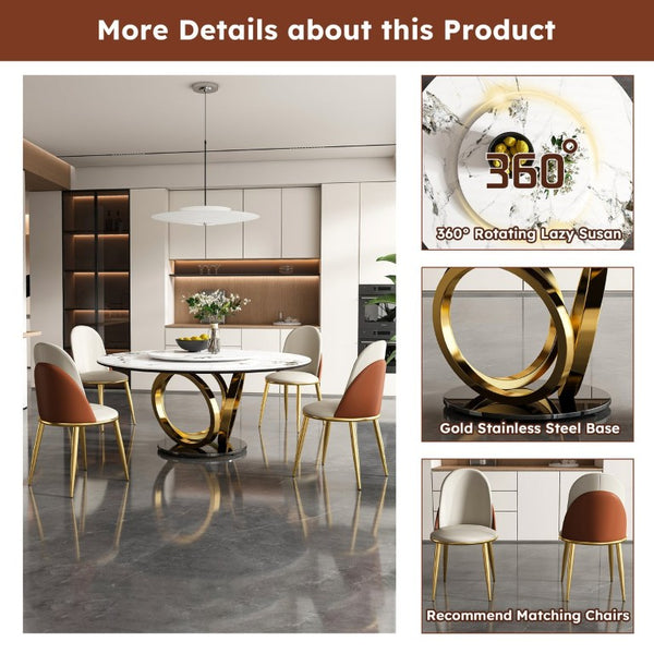 English Elm 59 Inch Round Sintered Stone Dining Table with Rotating Lazy Susan for Bistro 59 inches 6 Chairs - A W2699S00151