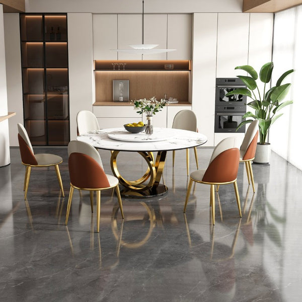 English Elm 59 Inch Round Sintered Stone Dining Table with Rotating Lazy Susan for Bistro 59 inches 6 Chairs - A W2699S00151