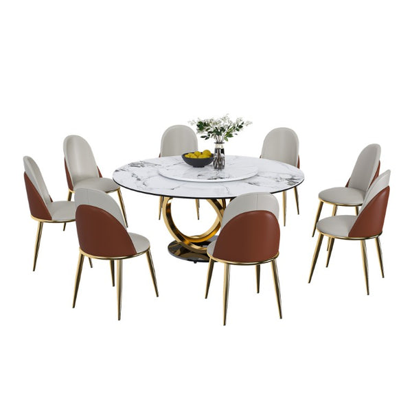 English Elm 59 Inch Round Sintered Stone Dining Table with Rotating Lazy Susan for Bistro 59 inches 8 Chairs W2699S00152
