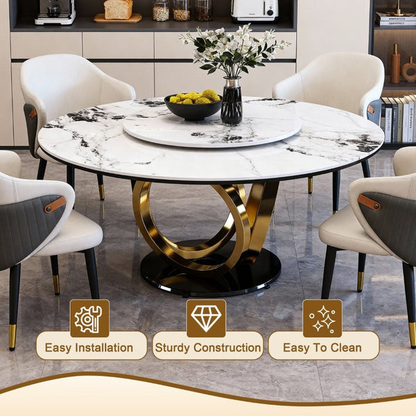 English Elm 59 Inch Round Sintered Stone Dining Table with Rotating Lazy Susan for Bistro 59 inches 4 Chairs - B W2699S00153