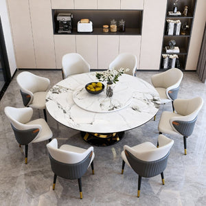 English Elm 59 Inch Round Sintered Stone Dining Table with Rotating Lazy Susan for Bistro 59 inches 6 Chairs - B W2699S00154