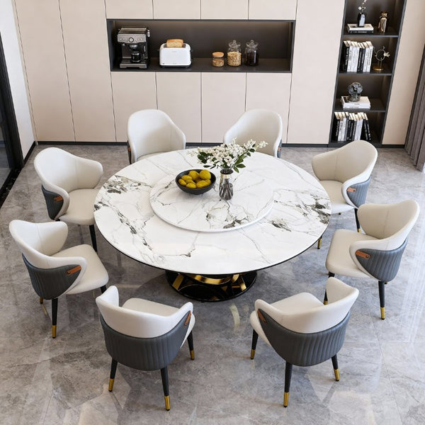 English Elm 59 Inch Round Sintered Stone Dining Table with Rotating Lazy Susan for Bistro 59 inches 6 Chairs - B W2699S00154