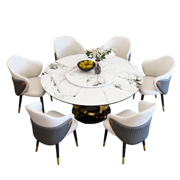 English Elm 59 Inch Round Sintered Stone Dining Table with Rotating Lazy Susan for Bistro 59 inches 6 Chairs - B W2699S00154