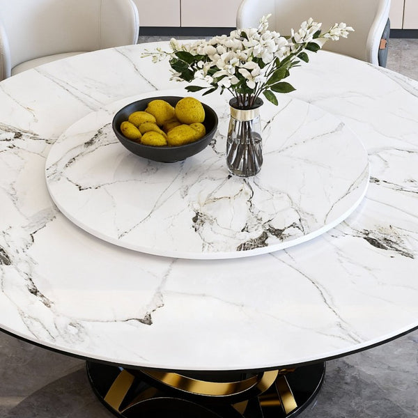 English Elm 59 Inch Round Sintered Stone Dining Table with Lazy Susan Seats 8 Modern Kitchen 59 inches 8 Chairs W2699S00155