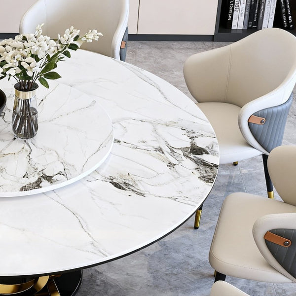 English Elm 59 Inch Round Sintered Stone Dining Table with Lazy Susan Seats 8 Modern Kitchen 59 inches 8 Chairs W2699S00155