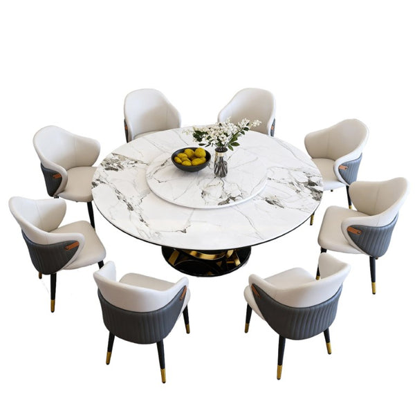 English Elm 59 Inch Round Sintered Stone Dining Table with Lazy Susan Seats 8 Modern Kitchen 59 inches 8 Chairs W2699S00155