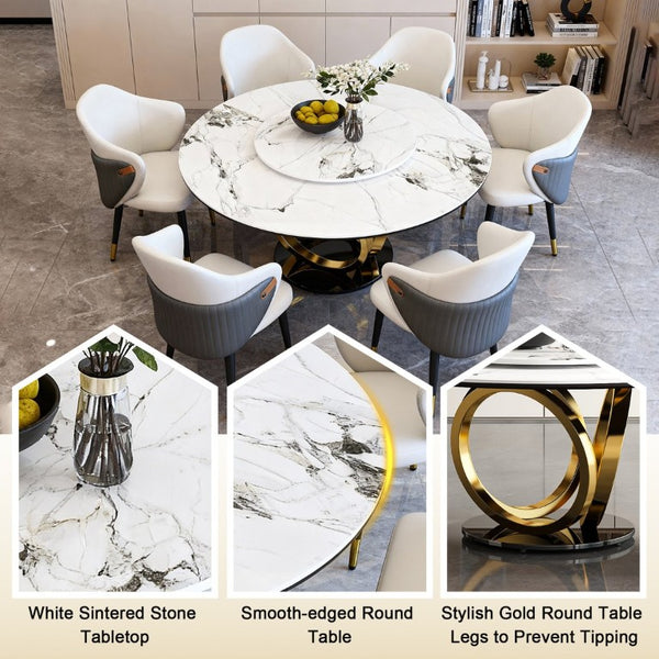 English Elm 59 Inch Round Sintered Stone Dining Table with Lazy Susan Seats 8 Modern Kitchen 59 inches 8 Chairs W2699S00155
