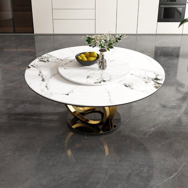 English Elm 53 Inch Round Sintered Stone Dining Table with Built in Lazy Susan for Compact Spaces W2699S00156