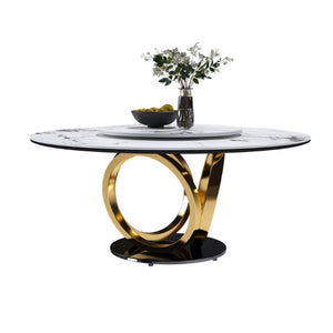 English Elm 53 Inch Round Sintered Stone Dining Table with Built in Lazy Susan for Compact Spaces W2699S00156