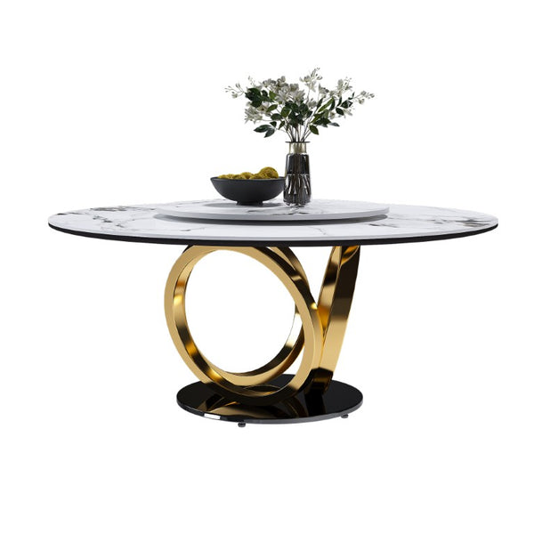 English Elm 53 Inch Round Sintered Stone Dining Table with Built in Lazy Susan for Compact Spaces W2699S00156