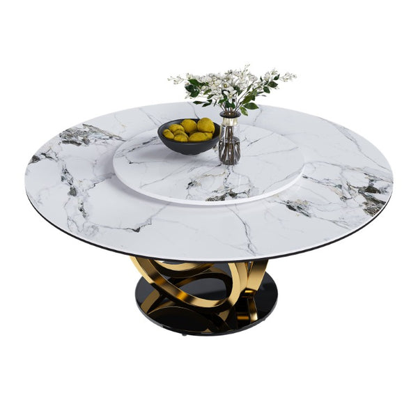 English Elm 53 Inch Round Sintered Stone Dining Table with Built in Lazy Susan for Compact Spaces W2699S00156