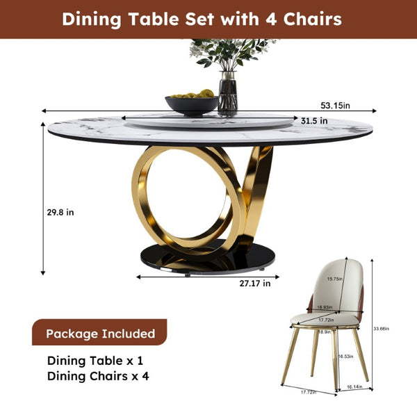English Elm 59 Inch Round Sintered Stone Dining Table with Lazy Susan Seats 8 Modern Kitchen 53 inches 4 Chairs W2699S00157