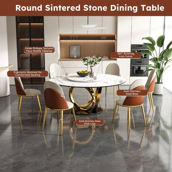 English Elm 59 Inch Round Sintered Stone Dining Table with Lazy Susan Seats 8 Modern Kitchen 53 inches 6 Chairs W2699S00158