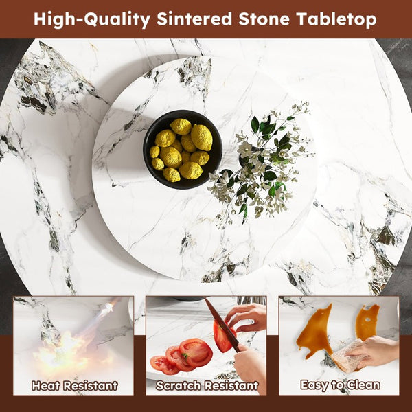 English Elm 59 Inch Round Sintered Stone Dining Table with Lazy Susan Seats 8 Modern Kitchen 53 inches 8 Chairs W2699S00159