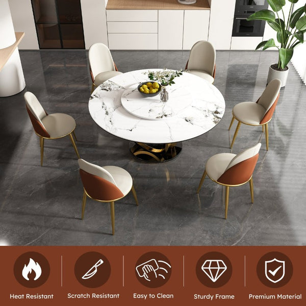 English Elm 59 Inch Round Sintered Stone Dining Table with Lazy Susan Seats 8 Modern Kitchen 53 inches 8 Chairs W2699S00159