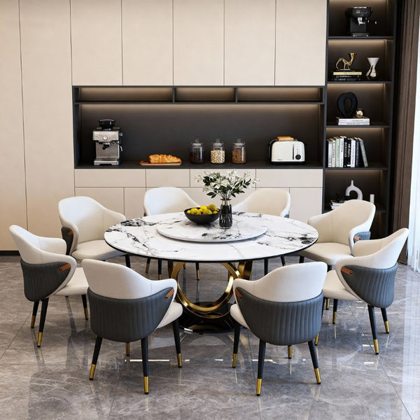 English Elm 59 Inch Round Sintered Stone Dining Table with Lazy Susan Seats 8 Modern Kitchen 53 inches 4 Chairs - A W2699S00160