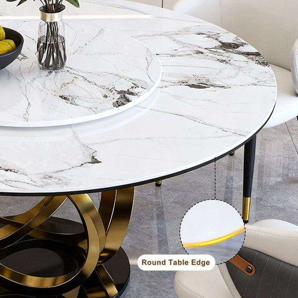 English Elm 59 Inch Round Sintered Stone Dining Table with Lazy Susan Seats 8 Modern Kitchen 53 inches 4 Chairs - A W2699S00160