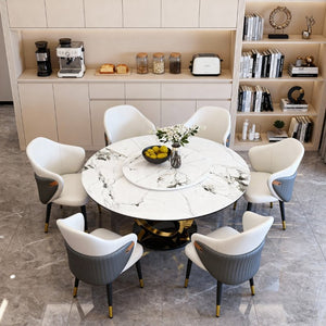 English Elm 59 Inch Round Sintered Stone Dining Table with Lazy Susan Seats 8 Modern Kitchen 53 inches 6 Chairs - A W2699S00161